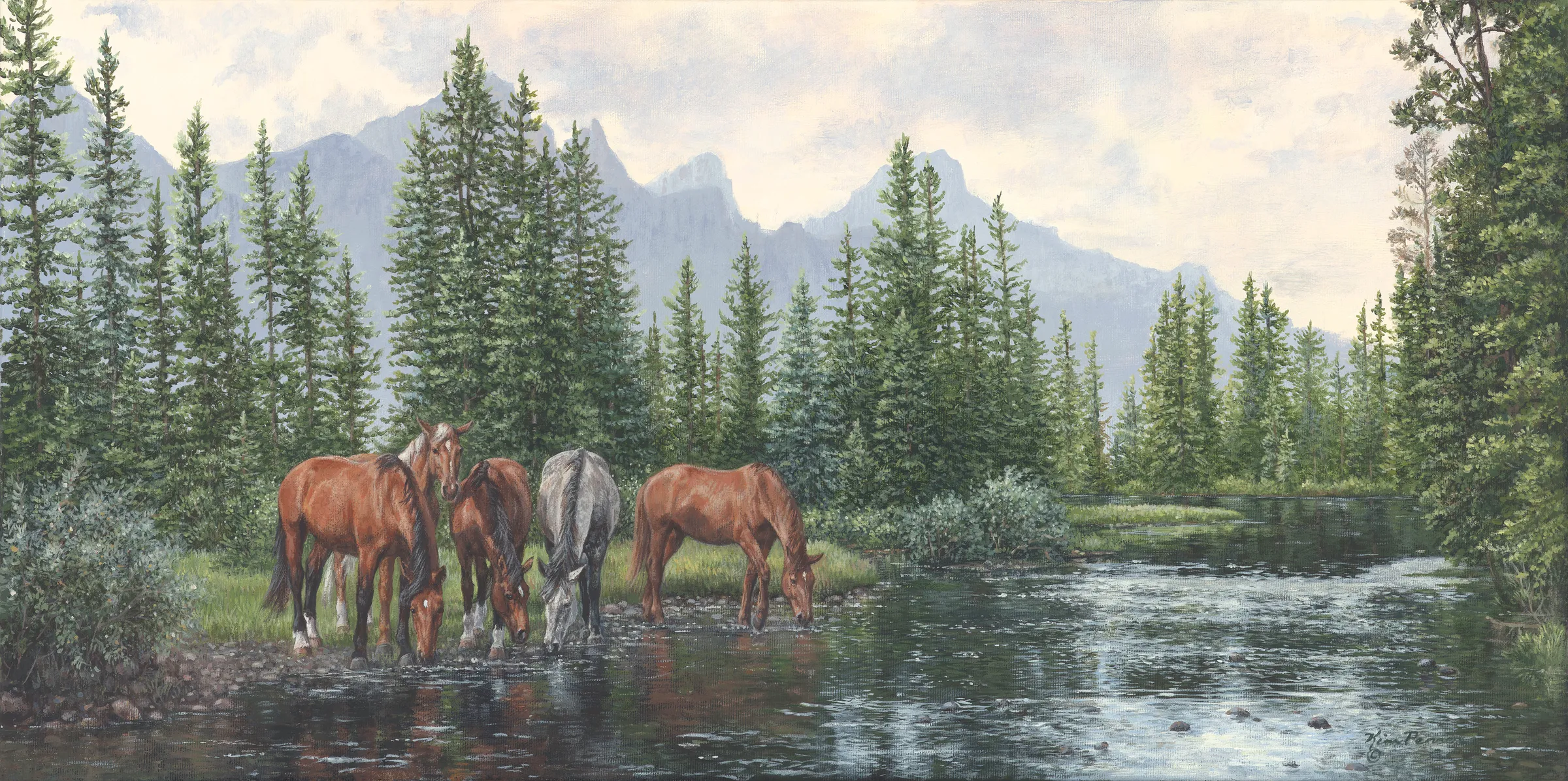 Horses at a quiet stream, original painting by Kim Penner