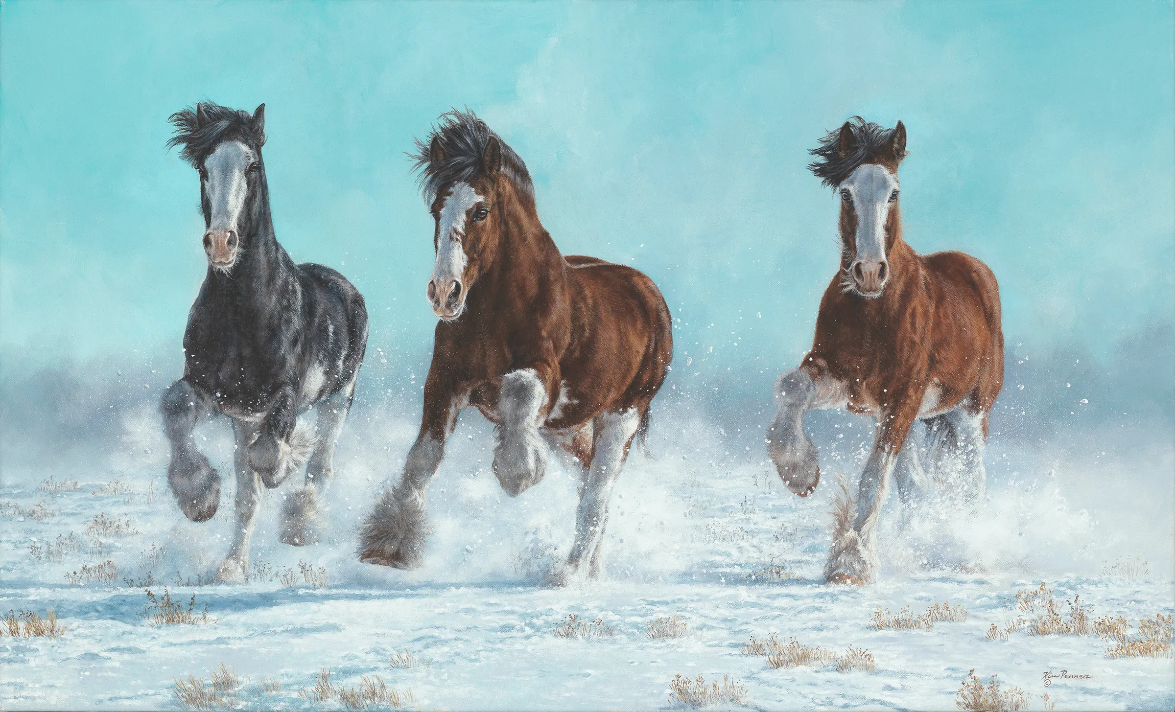 Three draft horses charging through snow, original acrylic painting by Kim Penner