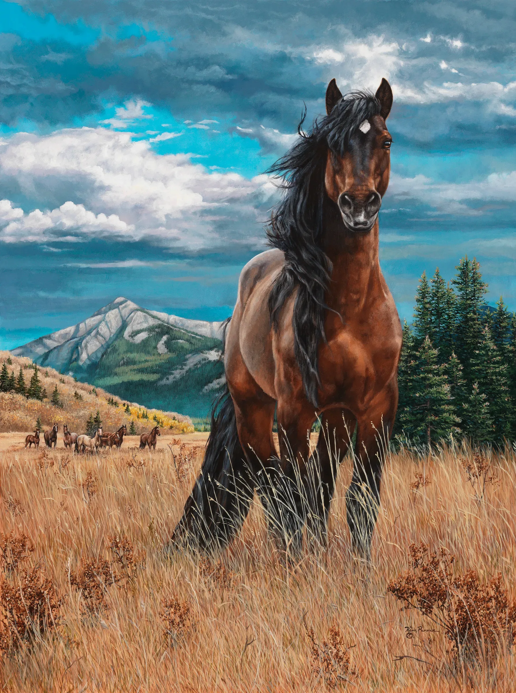 Bay horse standing alert in a mountain meadow with dramatic clouds and distant peaks, original equine painting by Kim Penner.